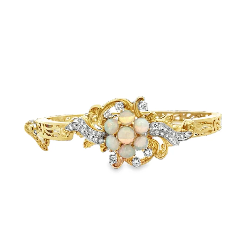 Flex bangle bracelets-Vintage Opal and Diamond Bangle Bracelet in 18k Yellow Gold