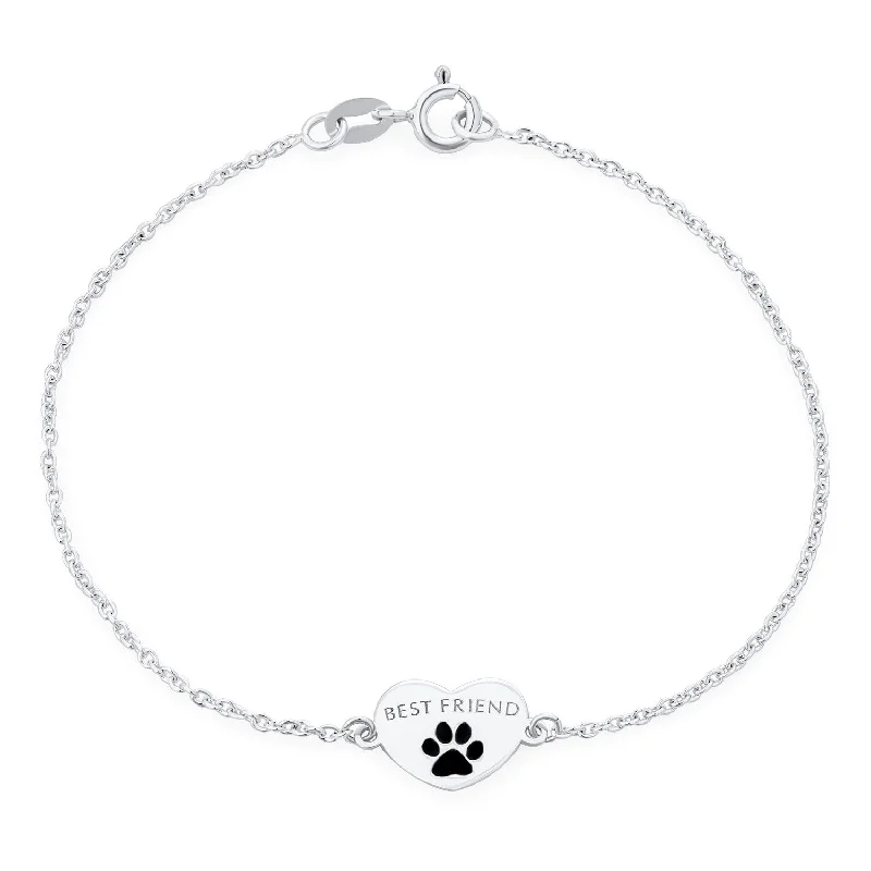 Gleaming diamond bangles-Dainty Charm Bracelet Pet Lovers Heart and Paw Print Sterling Silver - Silver Black