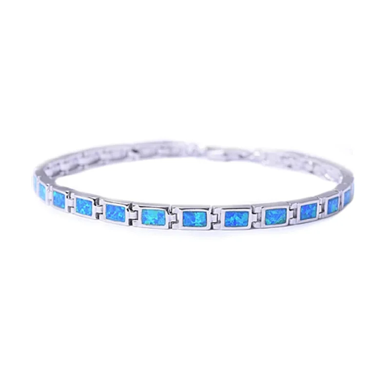 Crystal charm bracelets-Sterling Silver & Blue Lab Opal Rectangular Linked Tennis Bracelet