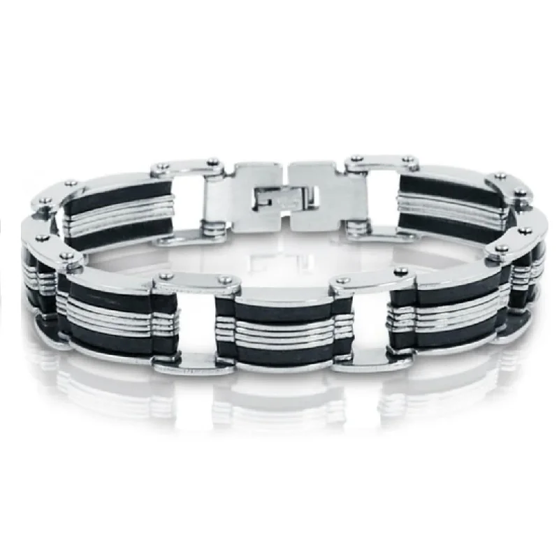 Wave shape bracelets-Oxford Ivy Stainless Steel with Black Rubber Mens Chain Link Bracelet 8 inches