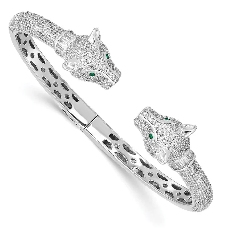 Wave shape bracelets-925 Sterling Silver Rhodium-plated Cubic Zirconia Lioness Hinged Cuff Bangle Bracelet (20.38grm)