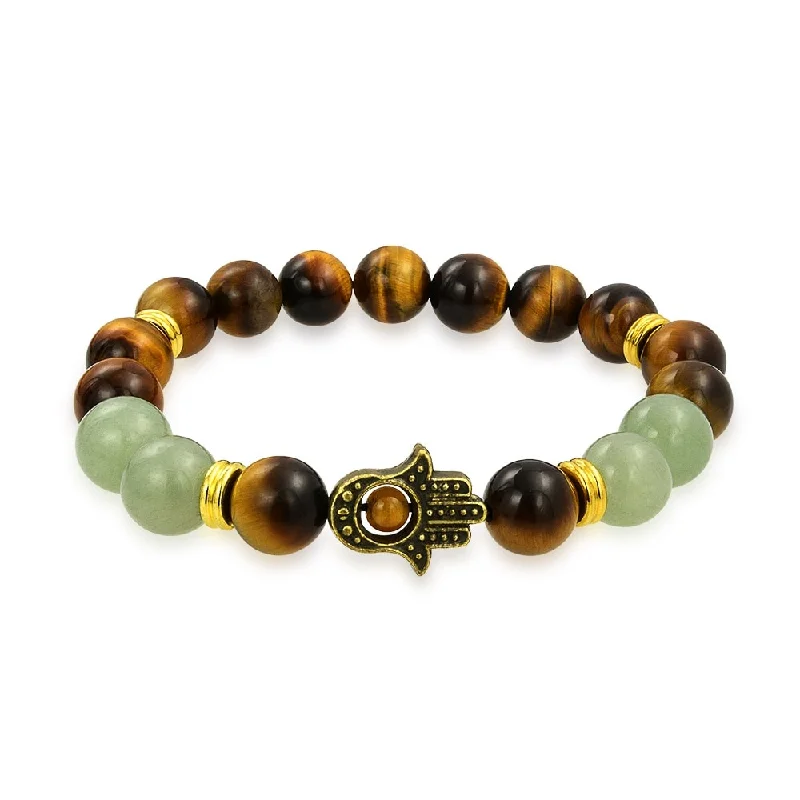 Broad gold bracelets-Unisex Talisman Amulet Stretch Bracelet with Gemstones and Hamsa Hand Charm - Black Onyx