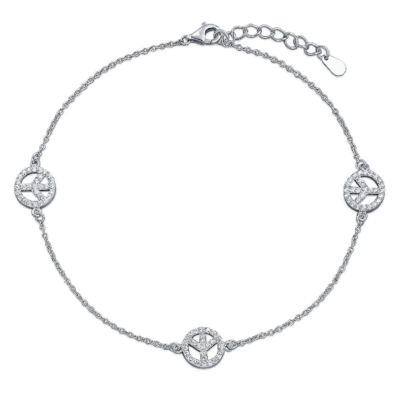 Intricate accent bangles-Multi CZ Peace Sign Anklet Ankle Bracelet Sterling Silver 9-10 Inch