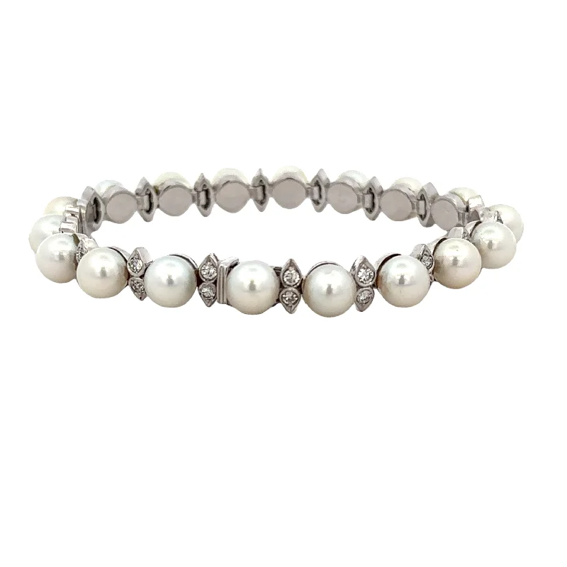 Lavish cuff bangles-Vintage Akoya Cultured Pearl and Diamond Bracelet in 18k White Gold