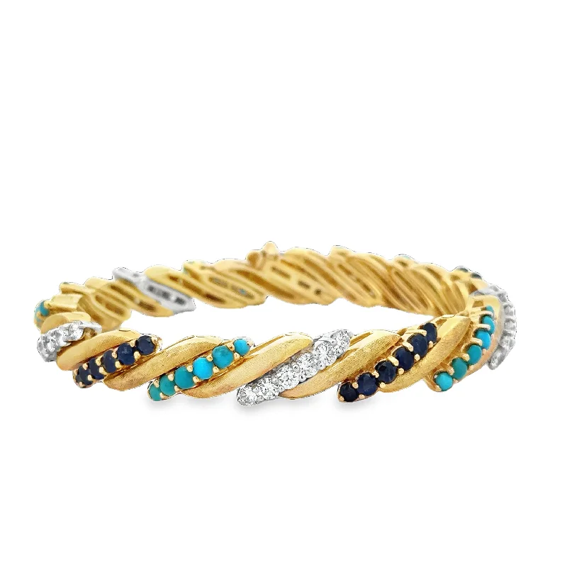 Solar theme bangles-Vintage Sapphire, Turquoise and Diamond Bracelet in 18k Yellow Gold