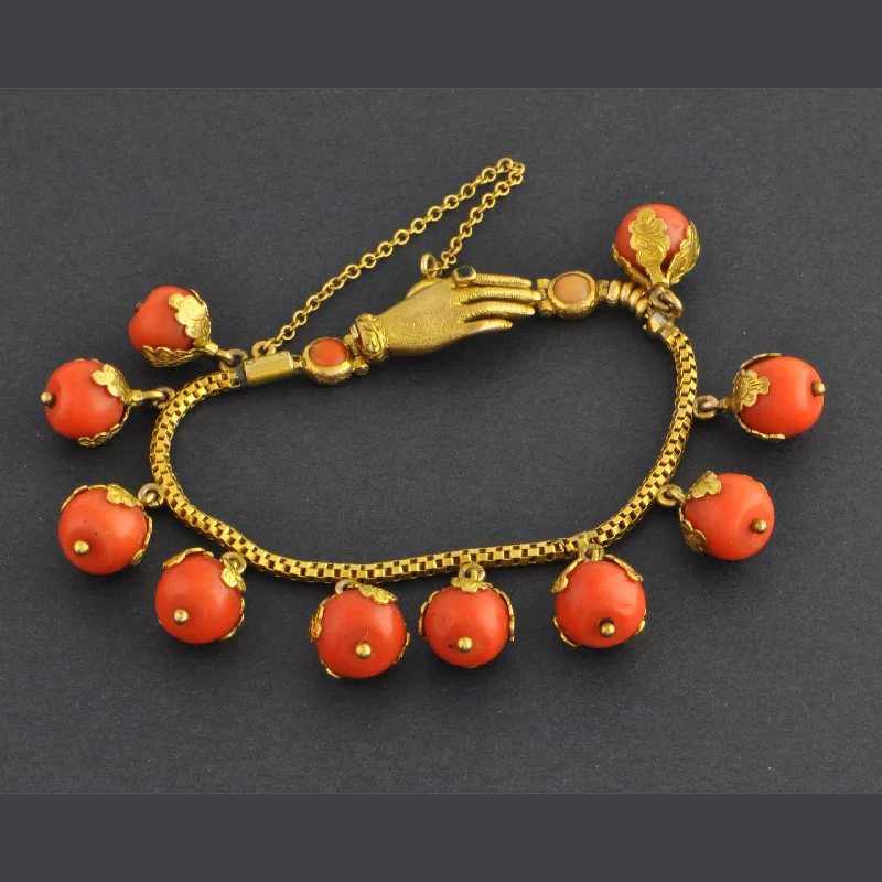 Vine carved bracelets-Antique Coral Bead Hand Clasp Bracelet in Yellow Gold