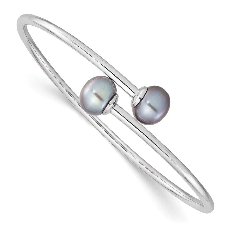 Spinel bead bangles-925 Sterling Silver Rhodium-plated 9-10mm Grey Button FWC Pearl Bracelet