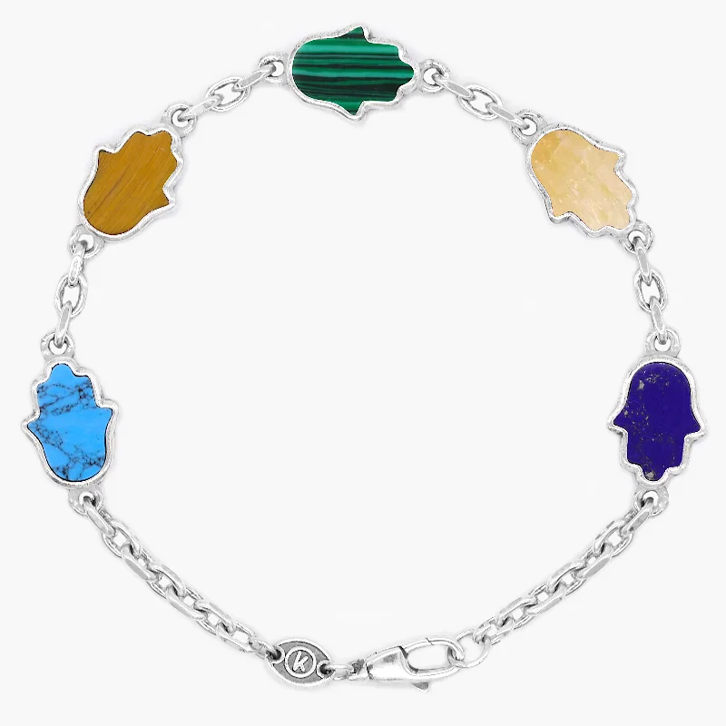 Bee motif bracelets-Multi Hamsa Sterling Silver Bracelet With Assorted Natural Stones