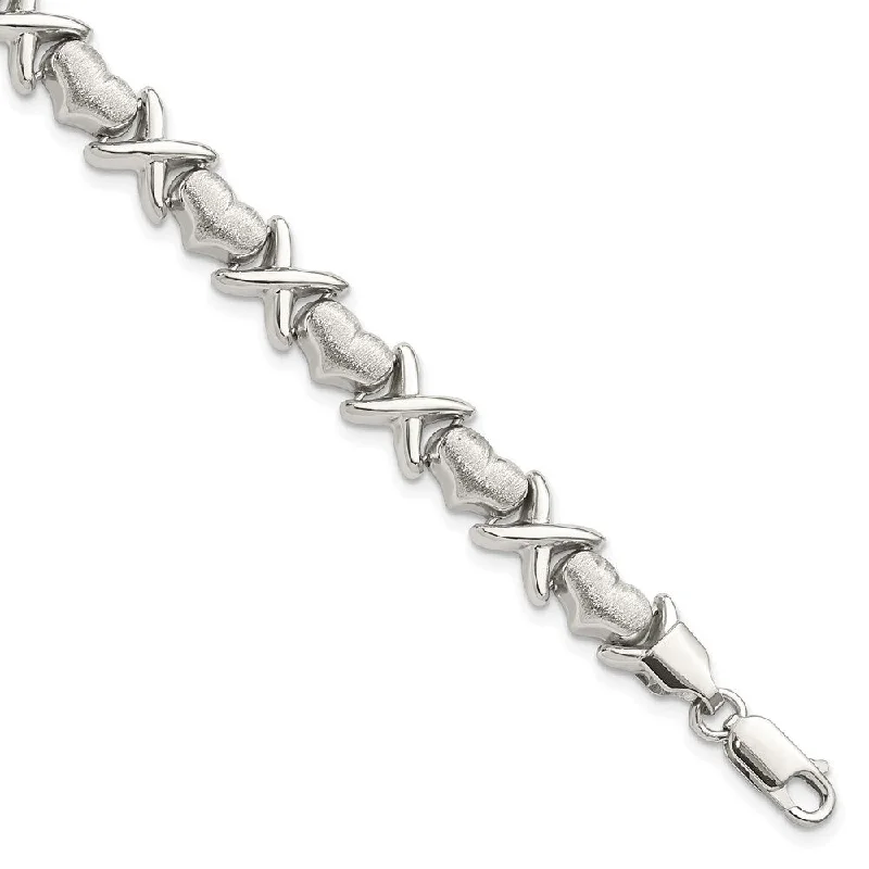 Tri-metal bracelets-925 Sterling Silver and Satin X and Hearts Bracelet, 7"