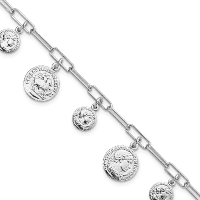 Sharp link bracelets-925 Sterling Silver Rhodium-plated Coin Charm Bracelet, 6.75" w/1in Extender