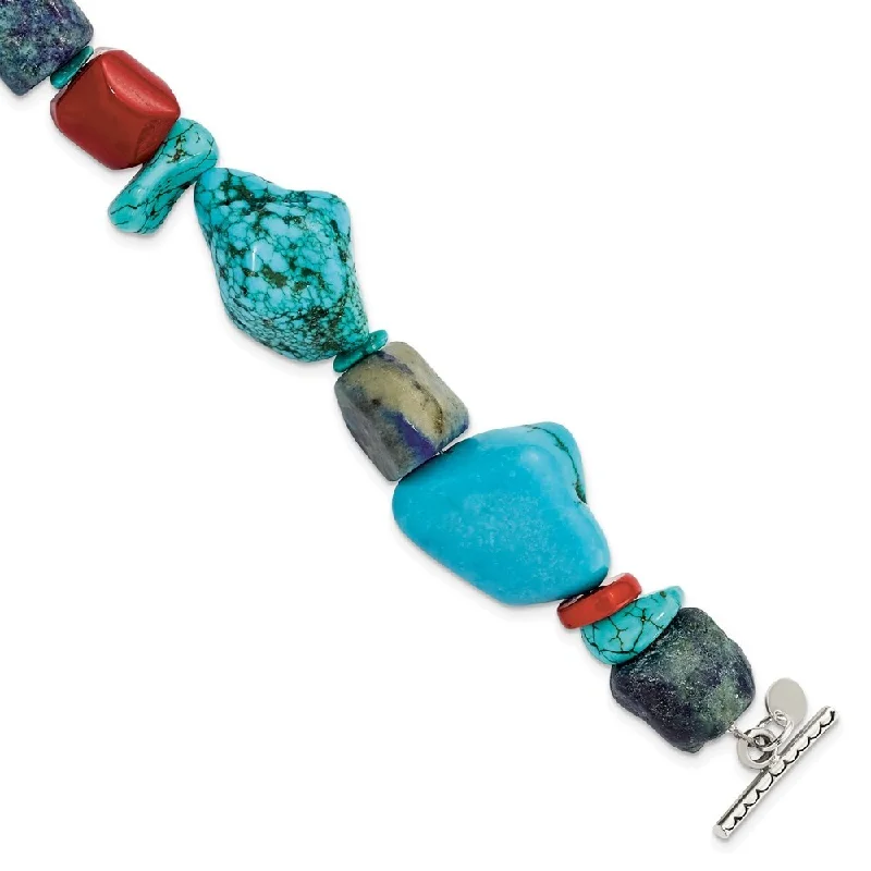 Tri-metal bracelets-925 Sterling Silver Red Coral/Howlite/Lapis/Turquoise Bracelet, 8"