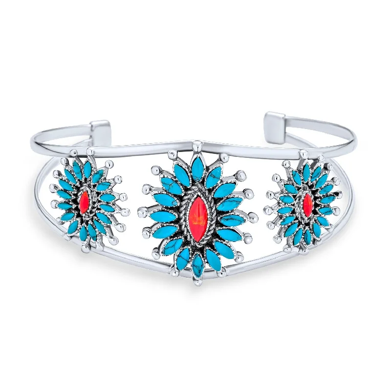 Classic deco bangles-Southwestern Style Coral Turquoise Zuni Flower Cuff Bracelet Sterling Silver