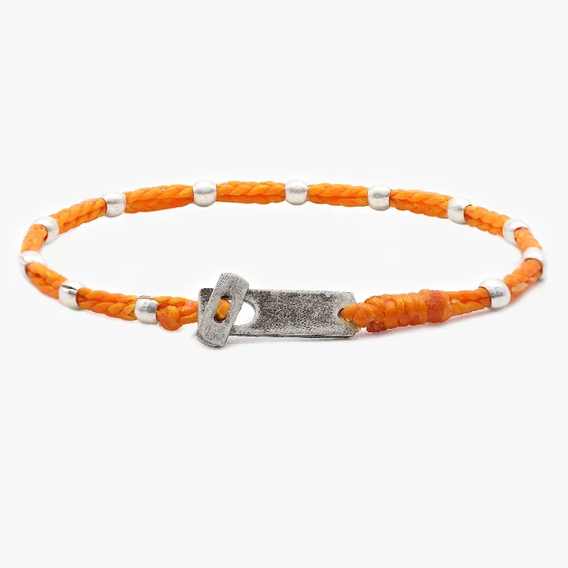 Indian tile bracelets-Double Braided Cord With Sterling Silver Crimped Beads Bracelet (Orange)