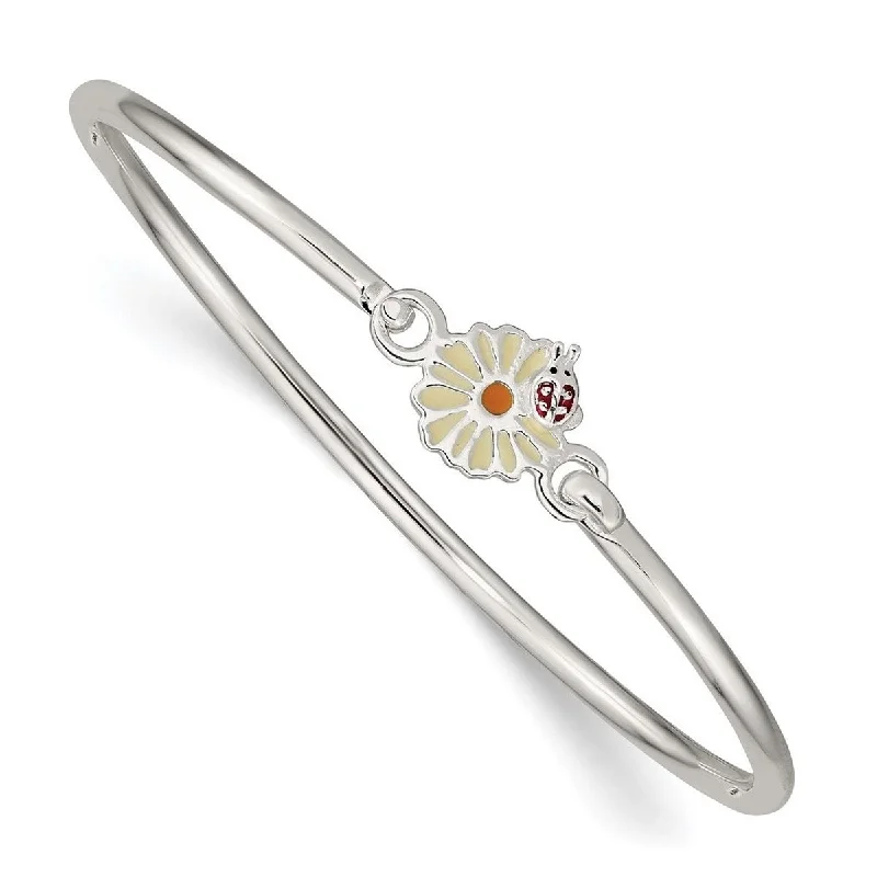 Wave shape bangles-Curata 925 Sterling Silver 6" Childrens Enamel Flower Bee Hook Bangle Bracelet