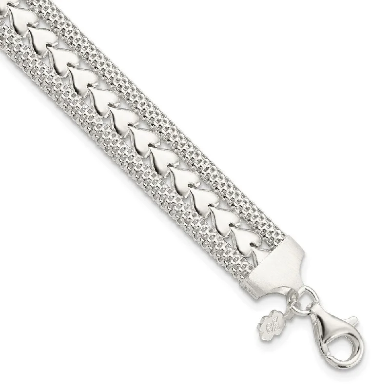 Gleaming diamond bangles-925 Sterling Silver Textured Heart Bracelet, 7.5" (W-10.4mm)