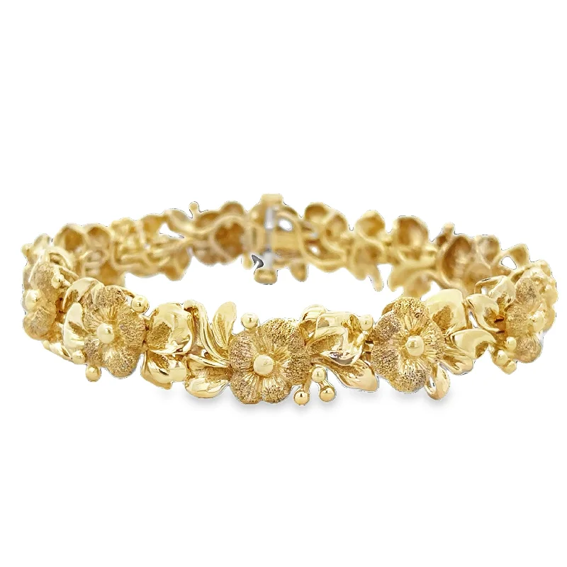 Georgian style bangles-Textured Dogwood Flower Bracelet in Yellow Gold 7"