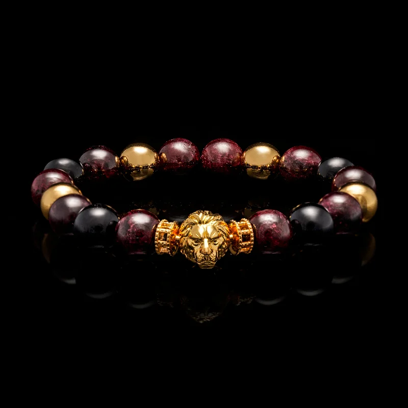 Fringe edge bracelets-Gold Lion Bracelet in Garnet, Obsidian