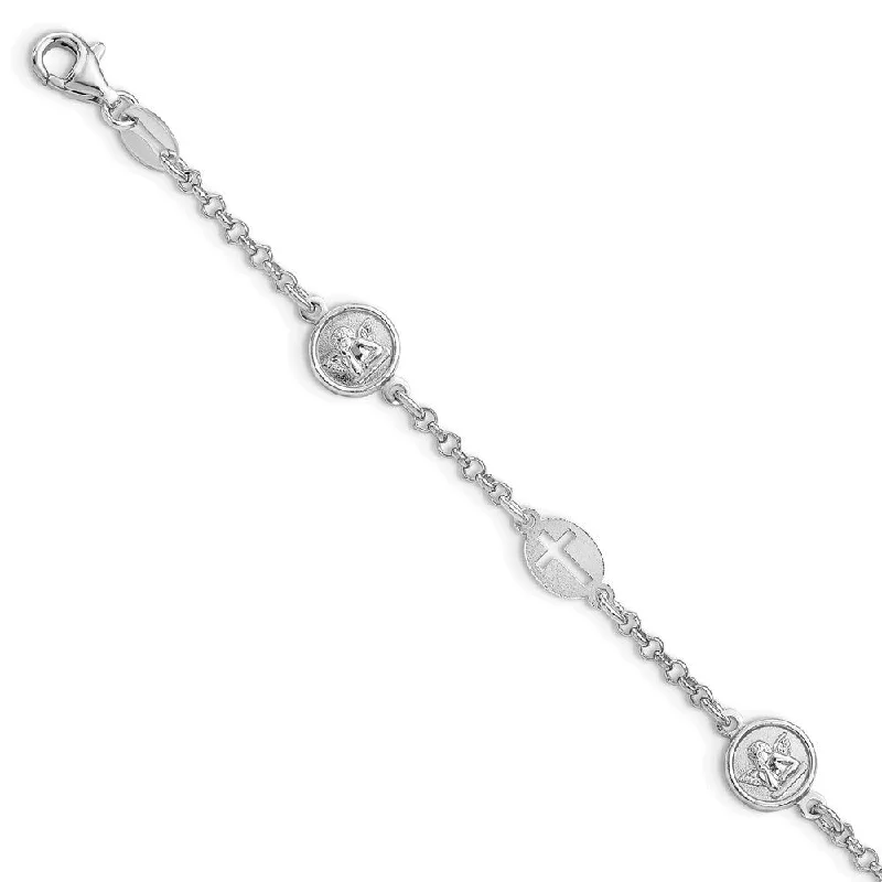 Slim rose bangles-925 Sterling Silver Rhodium Plated Cross and Angel Bracelet, 7.5"