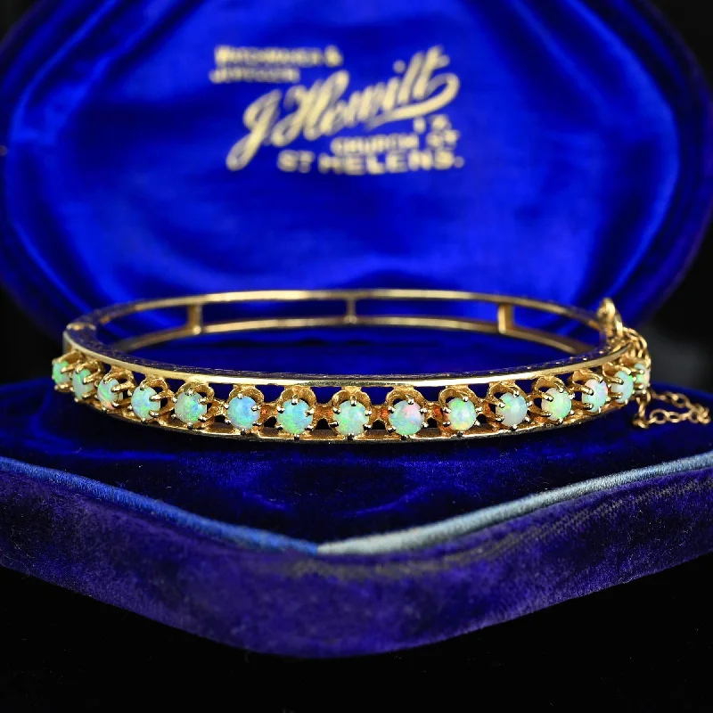 Crystal-wrapped bangles-Victorian Revival 14K Gold Opal Bangle Bracelet