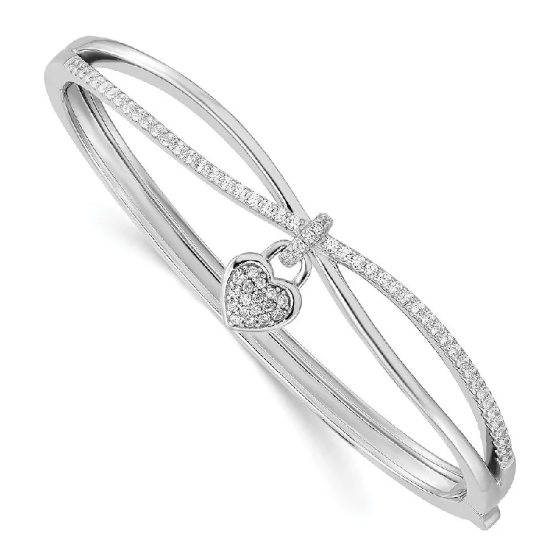 Indian tile bracelets-925 Sterling Silver Rhodium-plated Cubic Zirconia Heart Dangle Hinged Bangle Bracelet (17.37grm)