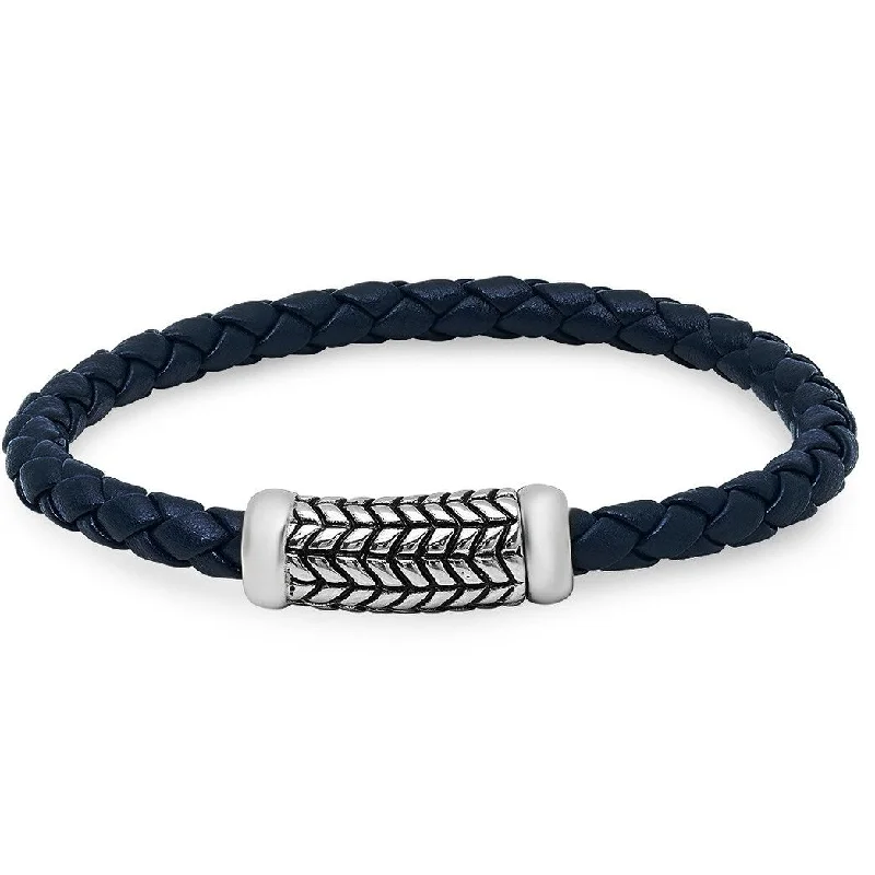 Classic deco bangles-Oxford Ivy Braided Navy Leather Bracelet with Stainless Steel Clasp ( 8 1/2 inches)