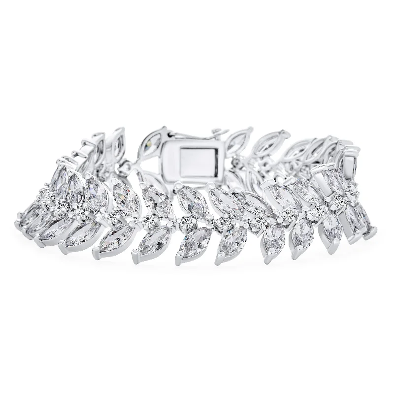 Chained link bracelets-Vintage Style CZ Marquise Leaf Tennis Bracelet Silver Plated 7.25 Inch 40 CTW - Colorless