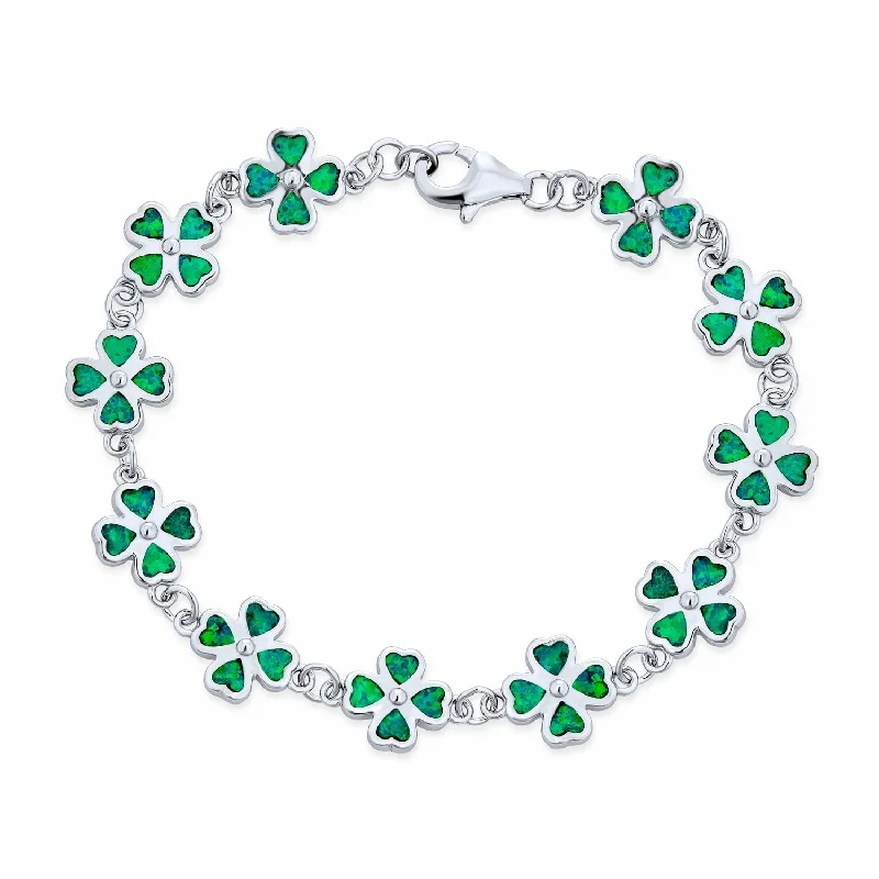 Flush clasp bangles-Created Opal Inlay Shamrock Strand Bracelet Sterling Silver Lucky Clover Charm - Green May