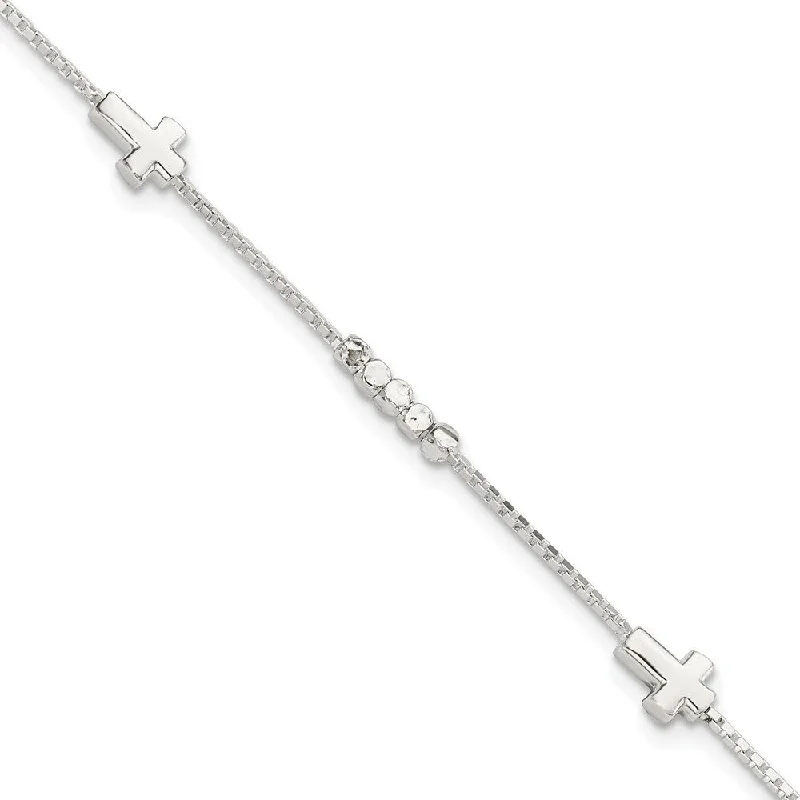 Chained link bracelets-925 Sterling Silver Fancy Bead & Cross Bracelet, 8" w/1in Extender