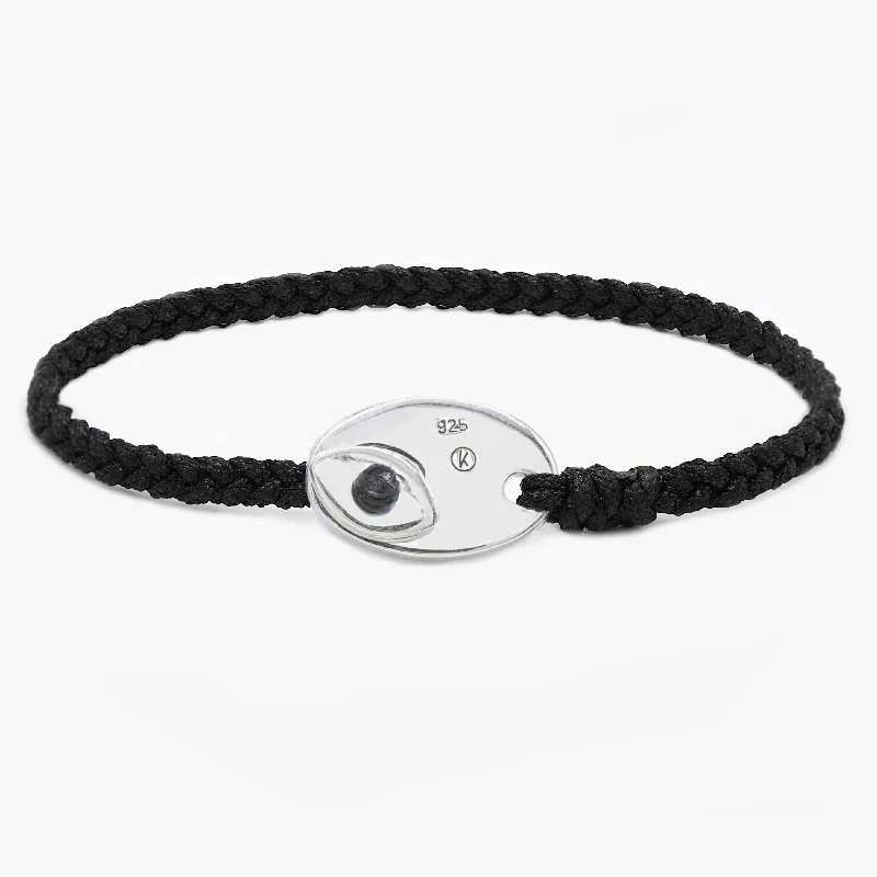 Multi-bead bracelets-Braided Bracelet With Sterling Silver Button (Black)